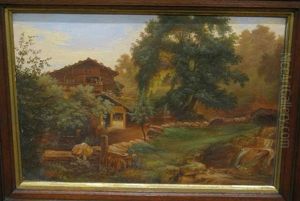 Bavarian Scene With Hillside Cabin And Figures