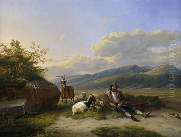 Rastender Hirte Mit Seinen Schafen Und Ziegen In Einer Campagnalandschaft - view 1