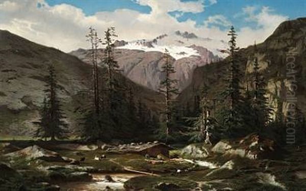 Mountain Landscape With Goats Near A River. In The Background Snow-capped Mountains - view 1
