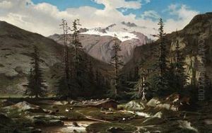 Mountain Landscape With Goats Near A River. In The Background Snow-capped Mountains