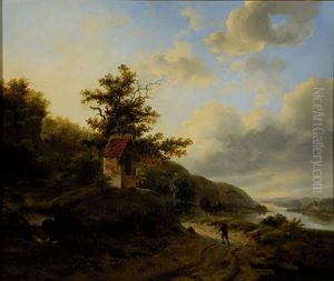 Traveller On A Countryroad In A Wide River Landscape by Jean Francois Xavier Roffiaen