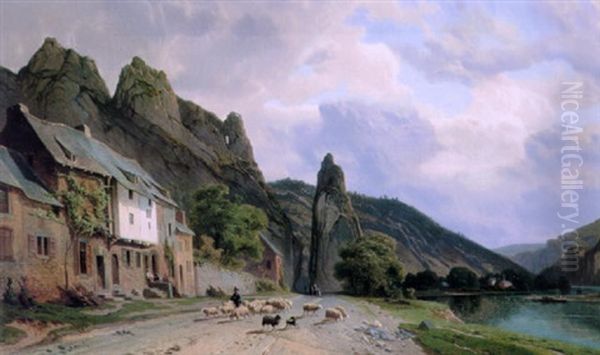 Shepherd With His Flock In A Mountainous River Landscape - view 1