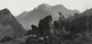 A Cow-herd And Cattle In An Alpine Landscape by Jean Francois Xavier Roffiaen