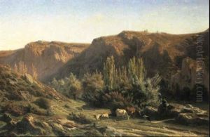 Herder With His Cattle In A Mountainous Landscape Herder With His Cattle In A Mountainous Landscape