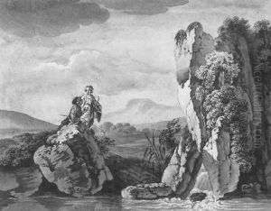 Schafer- Oder Anglerpaar An Gewasser Mit Bebuschter Felsgruppe Und Kleinem Wasserfall