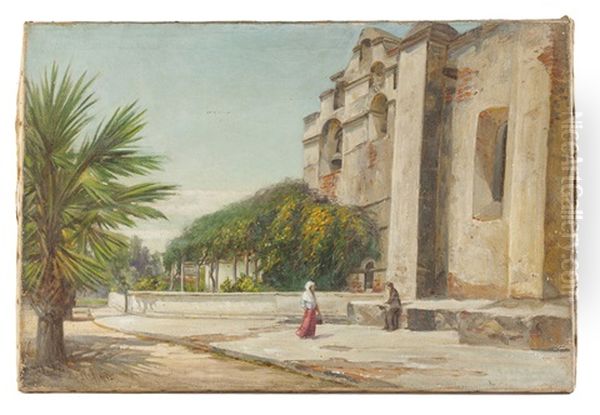 Two Figures Outside San Gabriel Mission - view 1