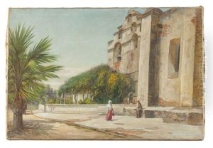 Two Figures Outside San Gabriel Mission by Charles Albert Rogers