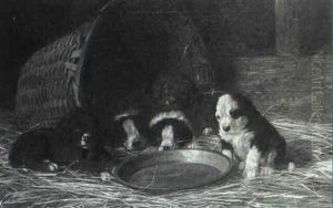 Puppies In A Stable by Franklin Whiting Rogers