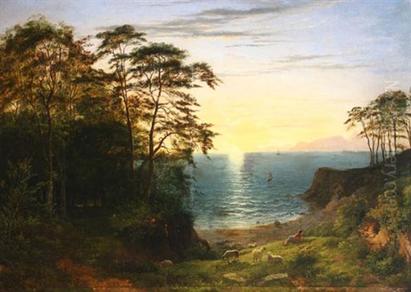 Coastal Landscape With Sheep And Shepherd - view 1