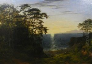 At The End Of The Day - A Shepherd With His Flock In An Extensive Coastal Landscape by Philip Hutchins Rogers