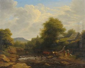 River Landscape With A Drover And Cattle by Philip Hutchins Rogers