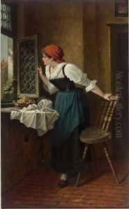 Junges Madchen In Tracht Blickt Erwartungsvoll Aus Dem Fenster. Auf Dem Tisch Die Abgelegte Handarbeit by Wilhelm Roegge the Younger