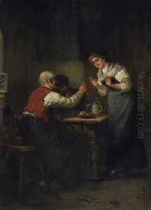 Im Wirtshaus. Alter Charmeur Offeriert Der Dankend Ablehnenden Wirtin Ein Glas Wein