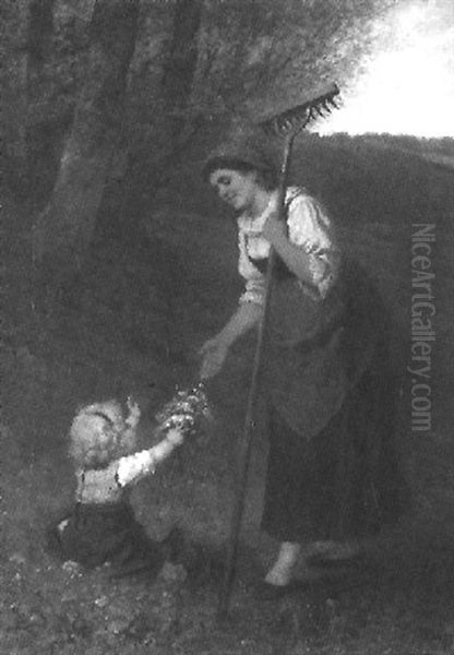 Eine Junge Bauerin Erhalt Von Ihrem Tochterchen Einen Blumenstrauss - view 1