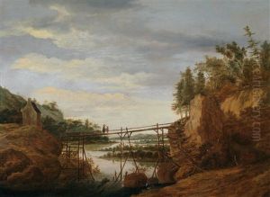 Sich Unterhaltende Figuren Auf Einer Brucke In Einer Felsigen Landschaft by Roelant Roghman
