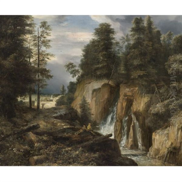 Rocky Landscape With A Waterfall And Two Figures Resting - view 1