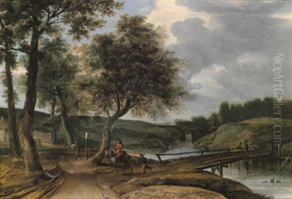 Flusslandschaft Mit Reiter Bei Einer Brucke - view 1