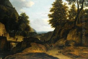 A Wooded Mountain Landscape With A Herdsman And His Cattle, A Traveler Crossing A Bridge Over A Stream by Roelant Roghman