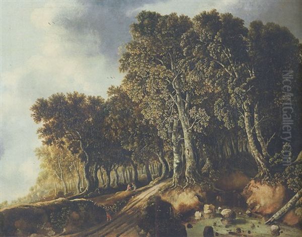 A Wooded Landscape With Travellers On A Path By A Pond - view 1