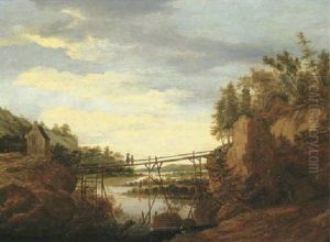 A Wooded River Landscape With Travellers Conversing On A Wooden Bridge, Others Resting Nearby by Roelant Roghman