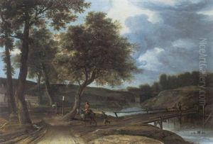 A River Landscape With Travellers On A Track And Anglers On A Bridge by Roelant Roghman