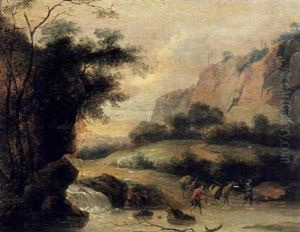 Gebirgige Fluslandschaft Mit Einem Wasserfall Und Einer Furt by Roelant Roghman