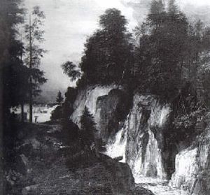 Extensive Rocky Landscape With A Waterfall by Roelant Roghman