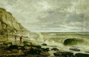 A Coastal Scene With Waves Breaking And Figures On The Shore A Coastal Scene With Waves Breaking And Figures On The Shore