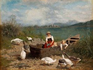 Mutter Mit Strickzeug Und Zwei Kinder In Einem Kahn Am Seeufer, Davor Schnatternde Ganse Mutter Mit Strickzeug Und Zwei Kinder In Einem Kahn Am Seeufer, Davor Schnatternde Ganse