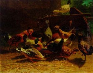 Chickens And Ducks In A Farmyard by Carl Rohde