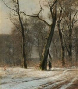 A Winter Scenery With A Hunter Looking At Two Deers