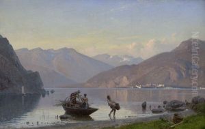 Abendstimmung Am Lago Di Garda Mit Reisig Sammelnden Bauern Abendstimmung Am Lago Di Garda Mit Reisig Sammelnden Bauern