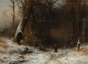 A Woman Gathering Firewood In A Snowy Forest by Frederik Rohde