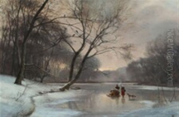 Winter Scenery With Persons On A Frozen Forest Lake - view 1