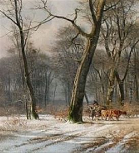 Forest Scene With People Collecting Firewood