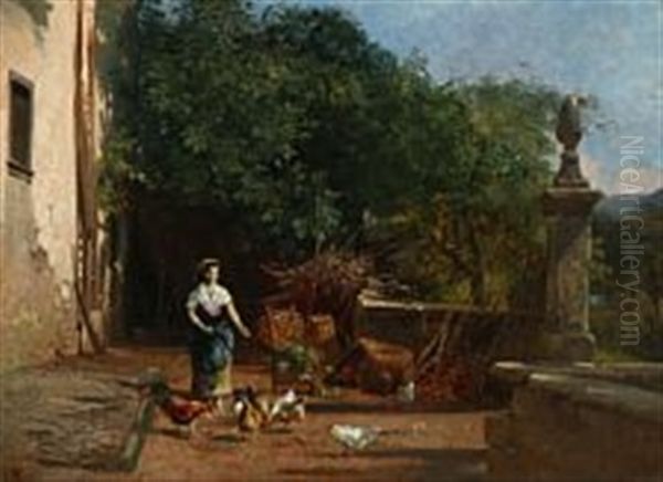 An Italian Lady Is Feeding The Hens - view 1