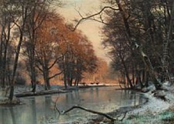 Winter Landscape With Deer By A Lake - view 1