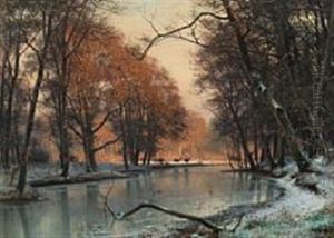 Winter Landscape With Deer By A Lake