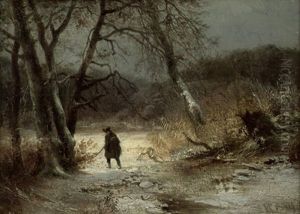 Einsamer Spazierganger In Winterlandschaft