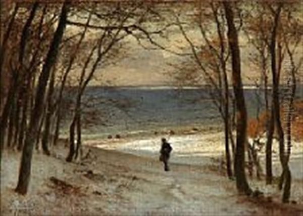 A Walking Hunter In A Snowy Landscape With A Fiord In The Background - view 1