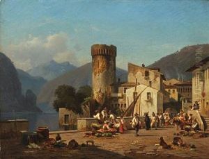 Street Life In A Village At A Lake In Northern Italy