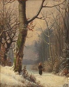 Snowy Forest Road With A Woman