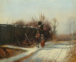Winterscape With Persons Walking Along A Fence
