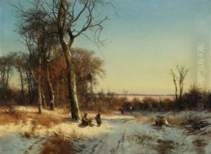 Wintry Forest With A Family Collecting Firewood