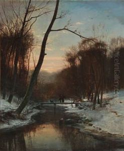Winter Day In The Woods With A Woman And A Child Carrying Firewood