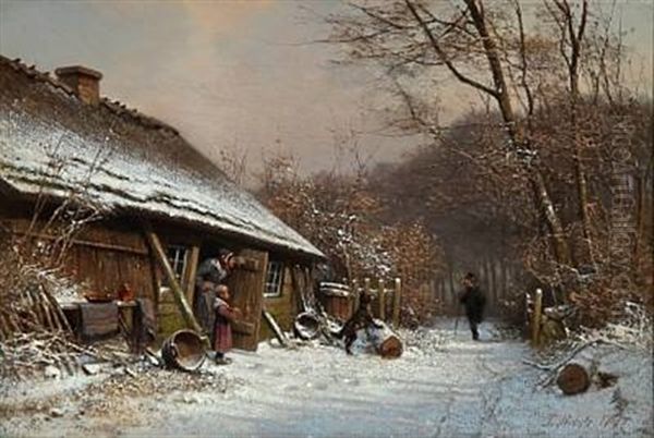 Winter Day In The Woods. A Visitor Is Being Welcomed By A Family In A Thatched House - view 1