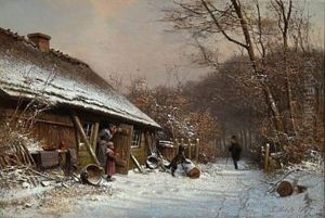 Winter Day In The Woods. A Visitor Is Being Welcomed By A Family In A Thatched House