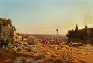 Italian Landscape With A Shepherd In The Mountains, At Sunset by Frederik Rohde