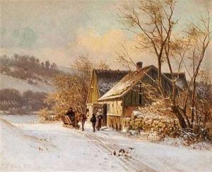 Vinterlandskab Med En Slaede Ud For Et Bondehus by Frederik Rohde