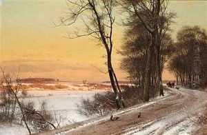 Vinterlandskab Med En Slaede; Henimod Aften. Motiv Fra Nordsjaelland by Frederik Rohde